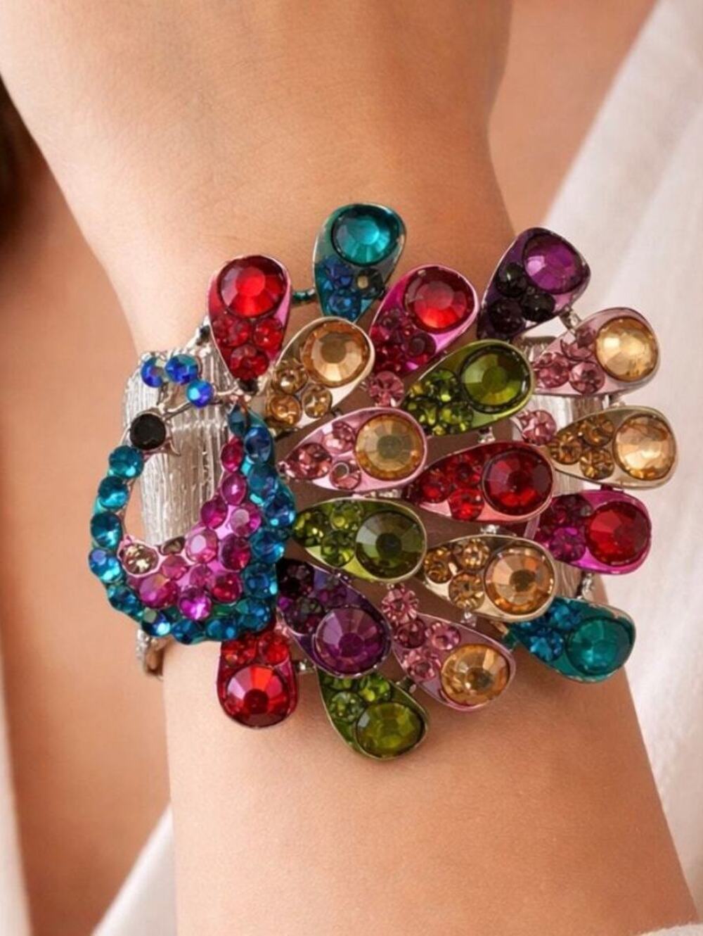 Chunky Peacock Rhinestone Stretch Bracelet Multicolor Cuff Statement Jewelry NWT